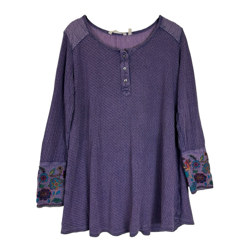 Soft Surroundings Top Women Large Purple Embroidered Linen Cotton Tunic Thermal